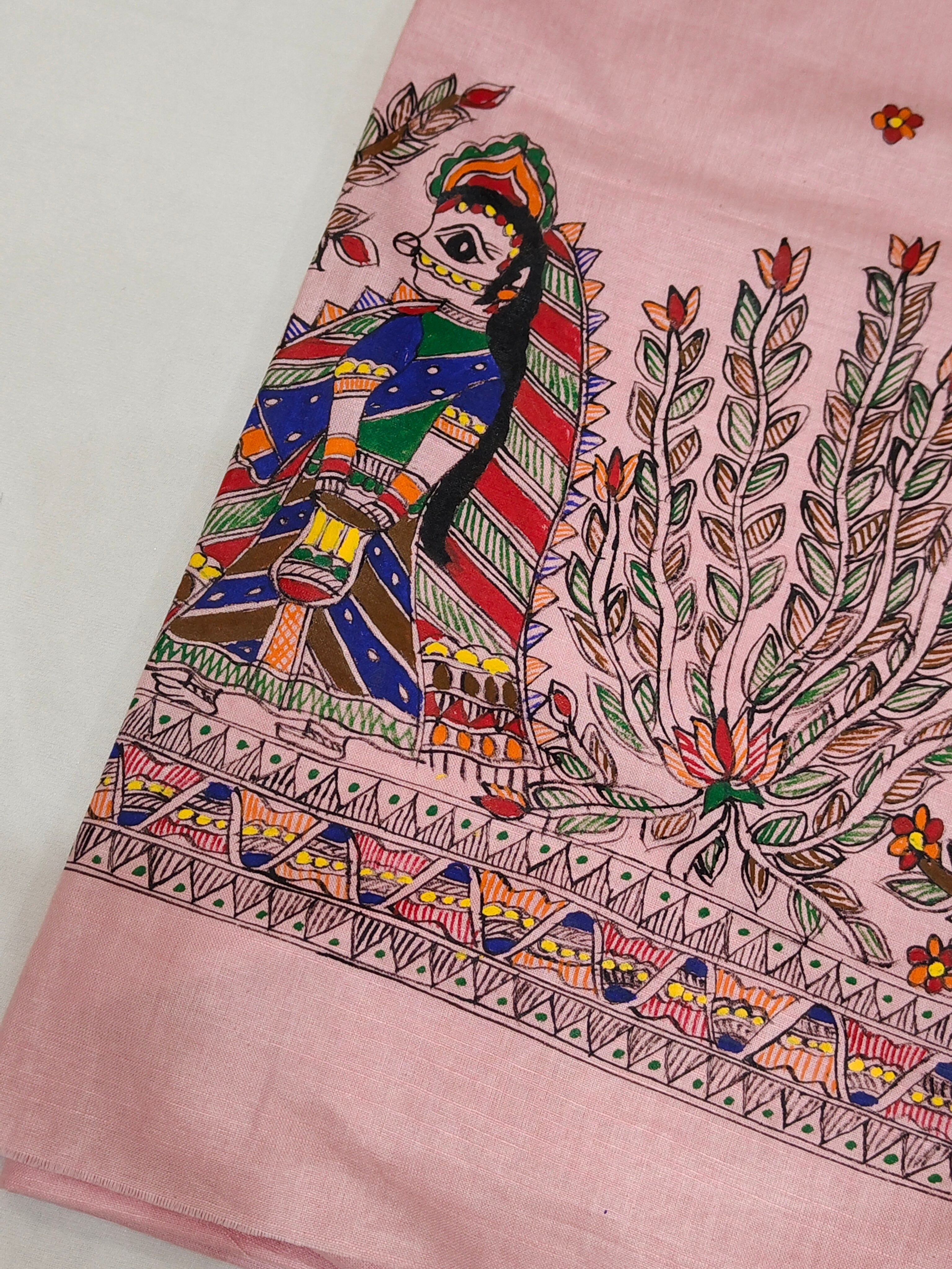 Hand-painted Madhubani Radha Krishna Unstitched Suit Set on Cotton in Blush Pink